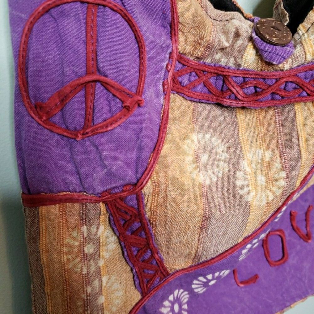 Hippie Peace Sign Crossbody Hobo Bag Funky Fabric Purse Retro Handmade Nepal - Picture 11 of 14